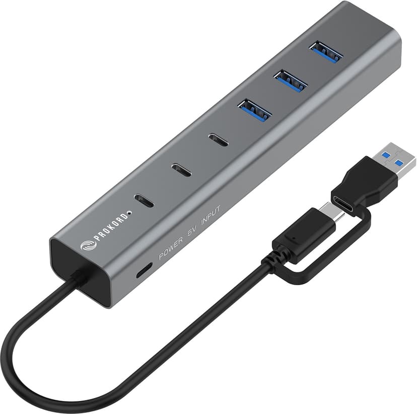 Prokord 7-Portars USB 3.0 HUB med USB-C Strömförsörjning USB 3.2 Gen 1 (3.1 Gen 1) Type-A + Type-C USB 3.2 Gen 2 (3.1 Gen 2) Type-A, USB 3.2 Gen 2 (3.1 Gen 2) Type-C