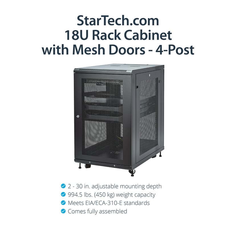 Startech StarTech.com 4 Post 18U Netwerkkast, Vergrendelbare 19" Patchkast voor Computer / AV / IT / Data Apparatuur, Server Rack voor Bureau/Thuis met Wielen & Verstelbare Montagerails