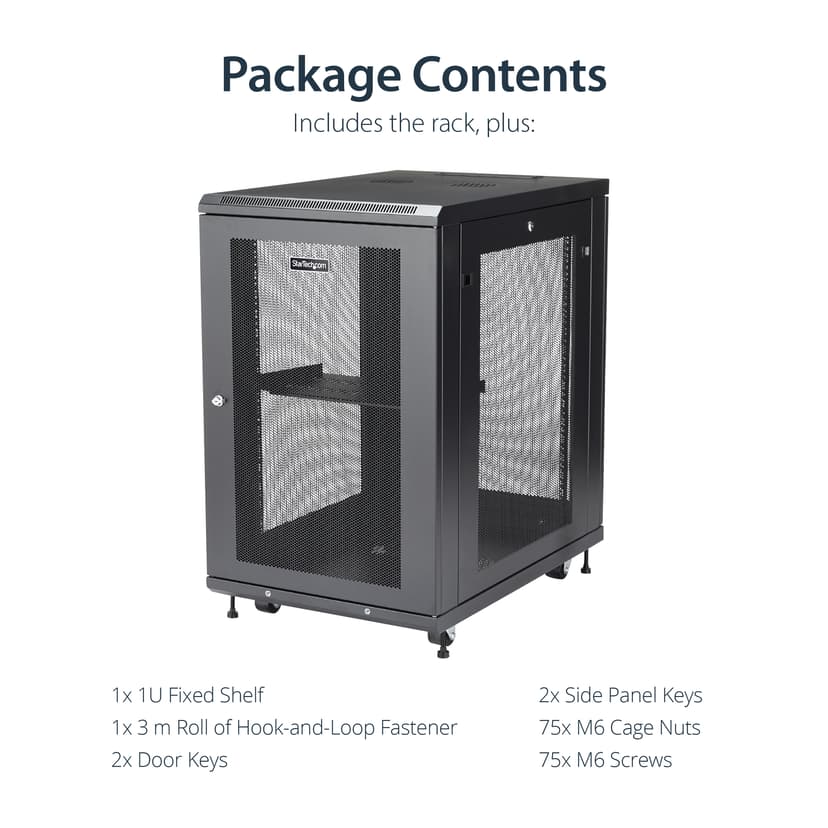 Startech StarTech.com 4 Post 18U Netwerkkast, Vergrendelbare 19" Patchkast voor Computer / AV / IT / Data Apparatuur, Server Rack voor Bureau/Thuis met Wielen & Verstelbare Montagerails