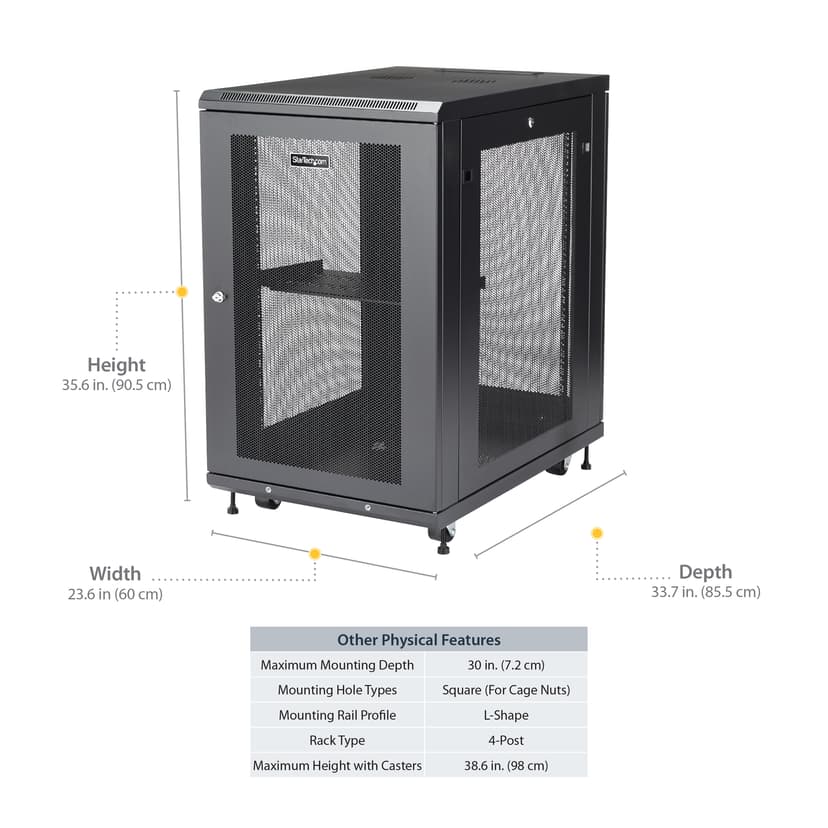 Startech StarTech.com 4 Post 18U Netwerkkast, Vergrendelbare 19" Patchkast voor Computer / AV / IT / Data Apparatuur, Server Rack voor Bureau/Thuis met Wielen & Verstelbare Montagerails
