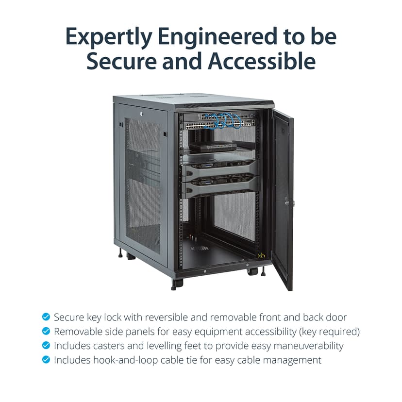 Startech StarTech.com 4 Post 18U Netwerkkast, Vergrendelbare 19" Patchkast voor Computer / AV / IT / Data Apparatuur, Server Rack voor Bureau/Thuis met Wielen & Verstelbare Montagerails