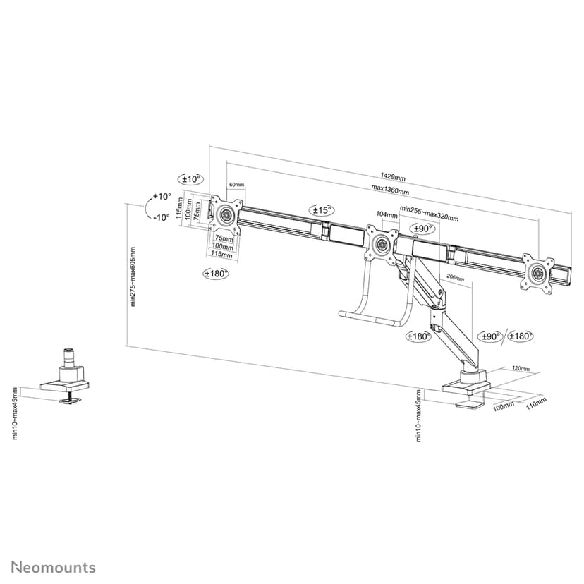 Neomounts NM-D775DX3BLACK - Monitorarm voor drie flatscreens tot 27" - Zwart