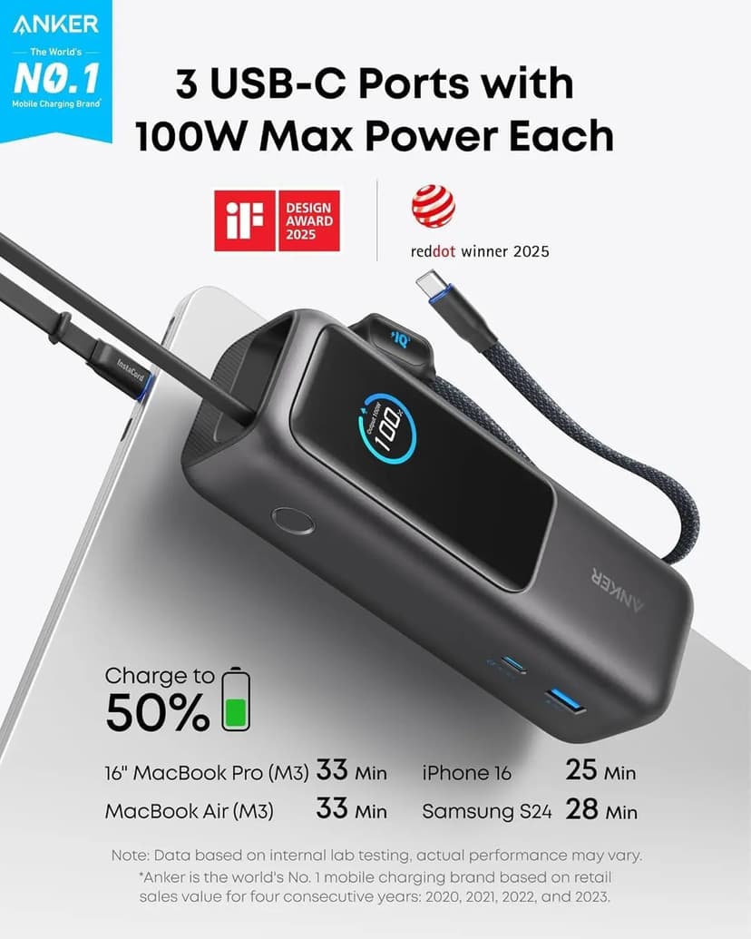 Anker Powerbank With Built-in USB-C Cable 165W 25000mAh Musta