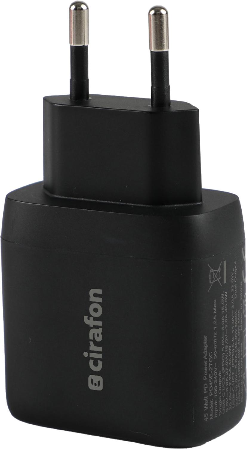 Cirafon 45W USB-C Reseladdare med 2 portar – Snabbladdning Svart