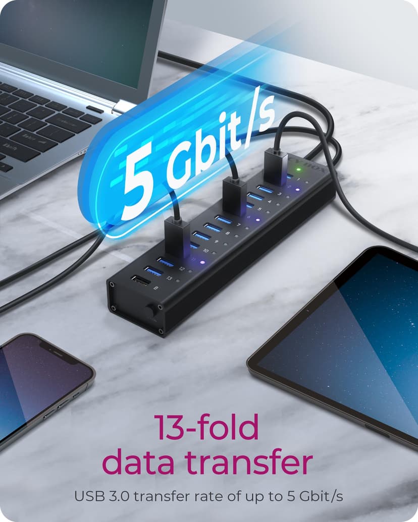 Icy Box 13-port hub with USB Type-A interface and 1x charging port