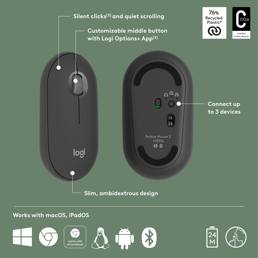 Logitech Pebble Mouse 2 M350s RF Wireless + Bluetooth Hiiri Grafiitti