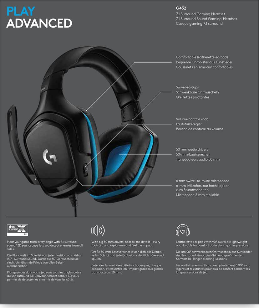 Logitech Gaming Headset G432 Stereo Blå, Svart
