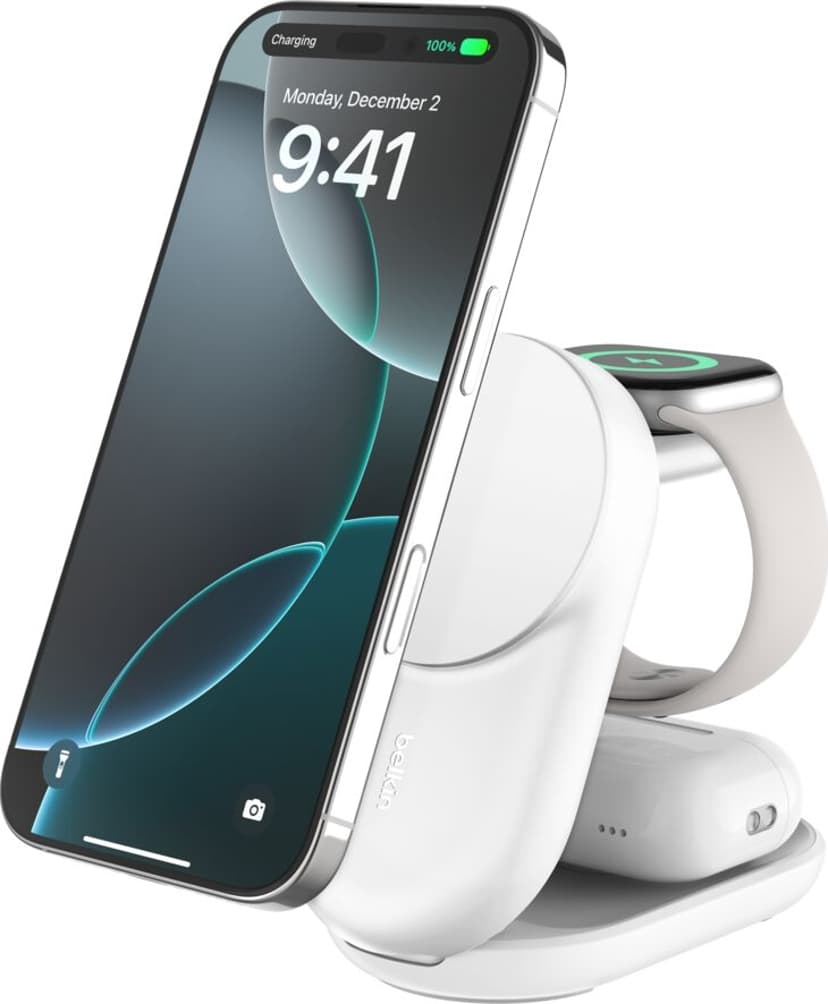 Belkin UltraCharge 25w Qi2 3in1 Magnetic Charger 1.5m Hvit