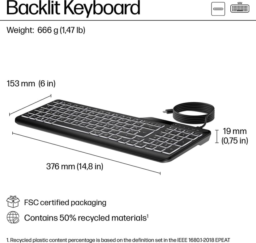 HP 405 bakgrunnsbelyst kablet tastatur Kablet Nordisk