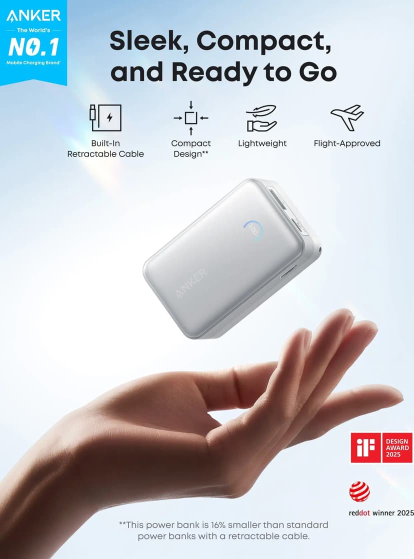 Anker Nano Powerbank 45W Built-in USB-C Cable 10000mAh Sort