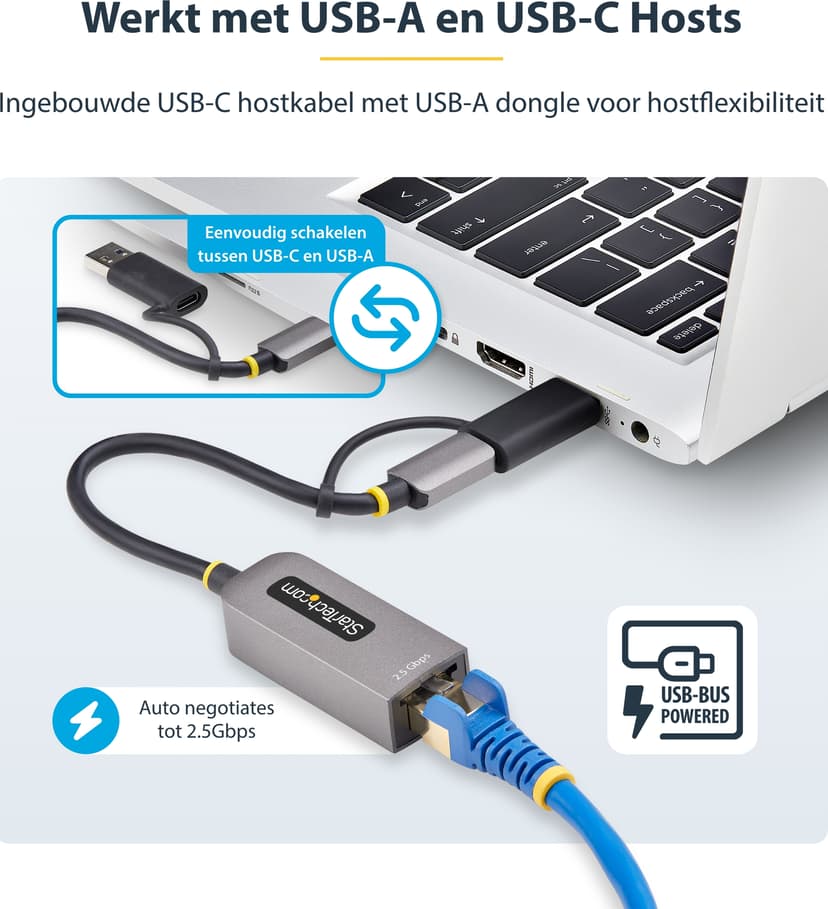 Startech StarTech.com 2.5GbE USB-C naar Ethernet Adapter met USB-A Converter, NBASE-T NIC, USB 3.0 Type-C 2.5/1G Multi Speed Netwerk, Thunderbolt Compatibel, Windows & Mac
