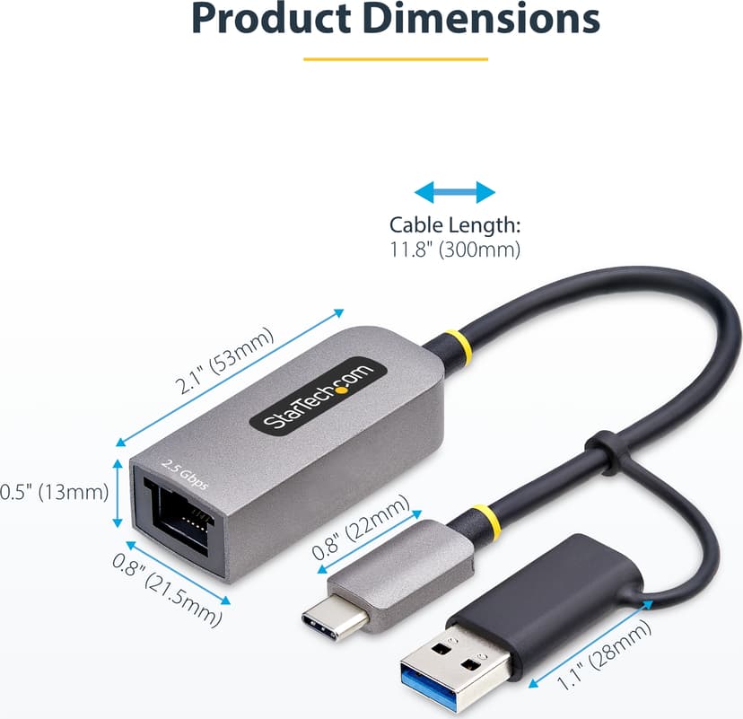 Startech StarTech.com 2.5GbE USB-C naar Ethernet Adapter met USB-A Converter, NBASE-T NIC, USB 3.0 Type-C 2.5/1G Multi Speed Netwerk, Thunderbolt Compatibel, Windows & Mac