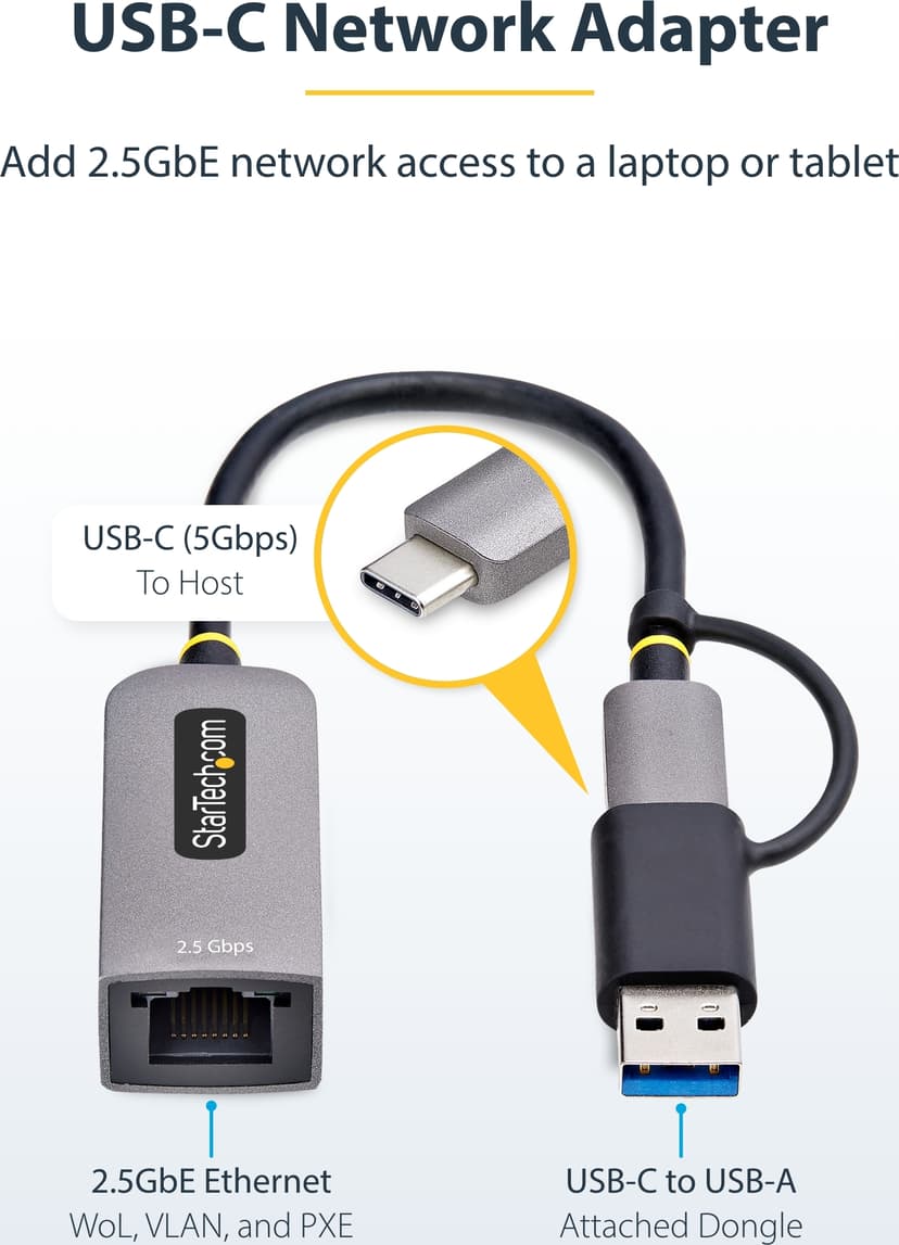 Startech StarTech.com 2.5GbE USB-C naar Ethernet Adapter met USB-A Converter, NBASE-T NIC, USB 3.0 Type-C 2.5/1G Multi Speed Netwerk, Thunderbolt Compatibel, Windows & Mac