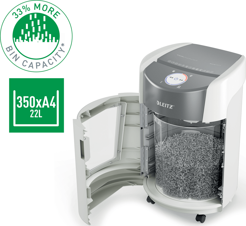 Leitz IQ OptiMax Small Office 350 Micro Cut pappersförstörare, Security P5, 22 l, vit