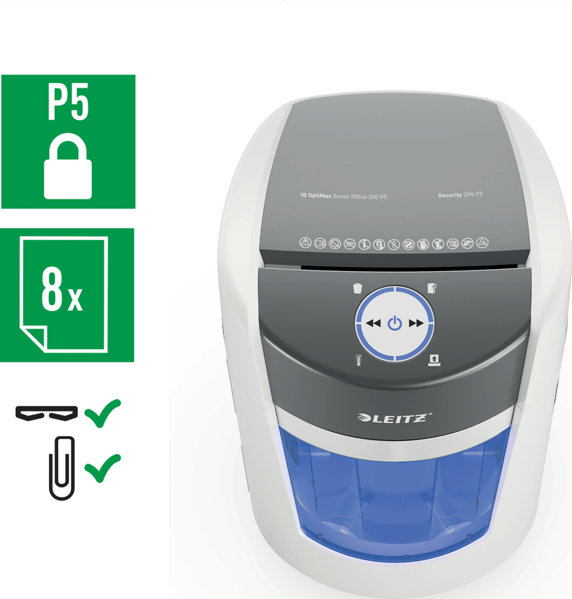Leitz IQ OptiMax Small Office 350 Micro Cut pappersförstörare, Security P5, 22 l, vit