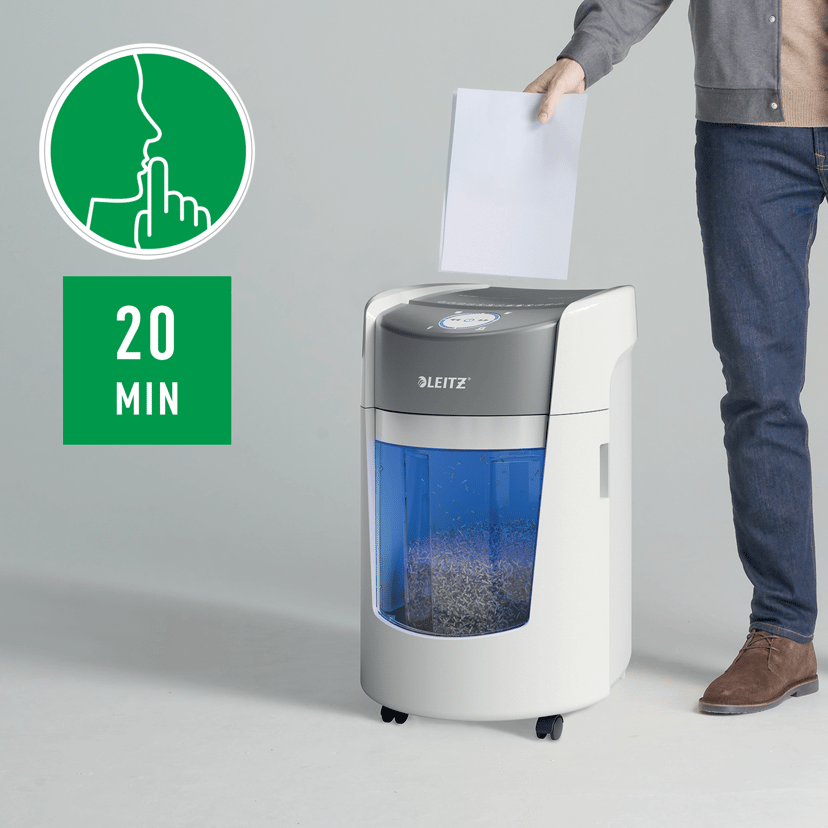 Leitz IQ OptiMax Småkontor 350 Mikrokutt Makuleringsmaskin, sikkerhet P5, 22 l - hvit