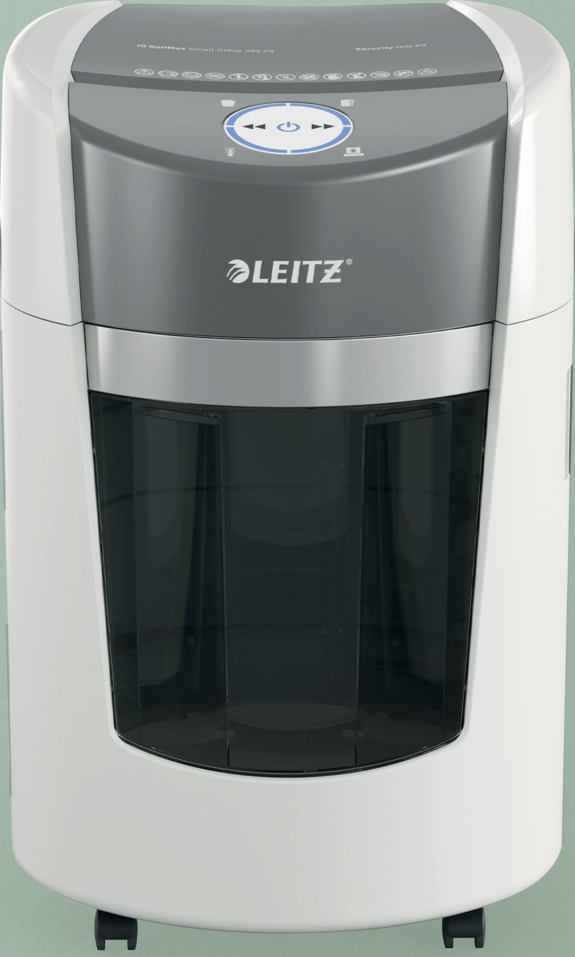 Leitz IQ OptiMax, mikrosilppava paperisilppuri pienelle toimistolle, turvaluokka P5, 22 l säiliö, valkoinen