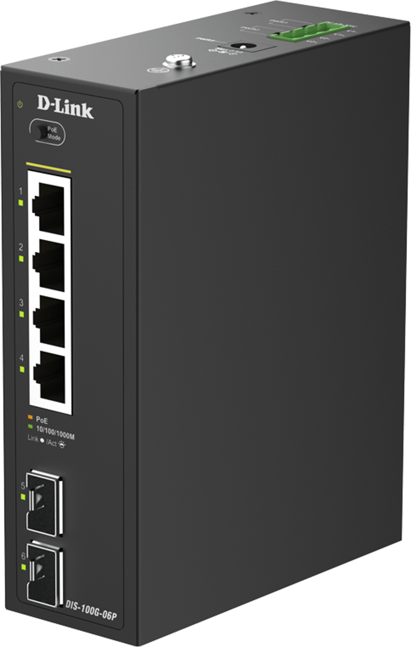 D-Link DIS-100G-06P verkkokytkin Hallitsematon L2 Gigabit Ethernet (10/100/1000) Power over Ethernet -tuki DIN rail musta