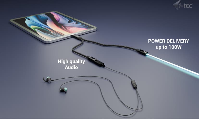 I-Tec USB-C Cable Splitter Audio/Data + PD100W 0.3m USB-C 2 x USB-C Musta