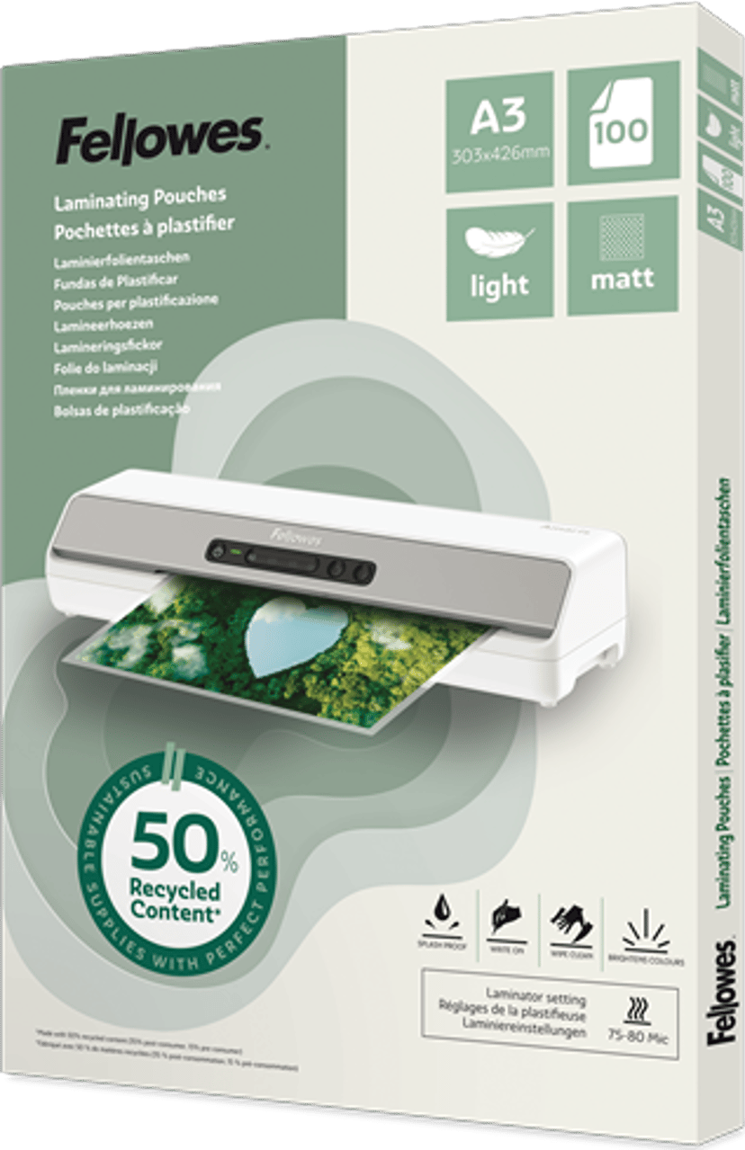 Fellowes Lamineringsficka, 50 % återvunnen, A3, 100 st, matt