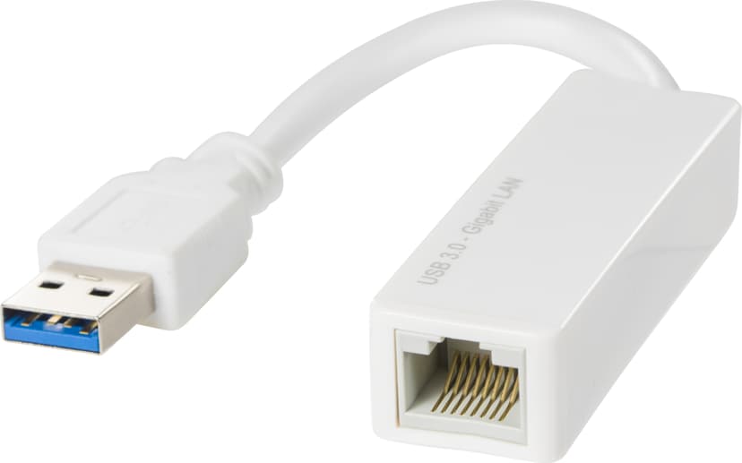 Deltaco USB 3.0 gigabit nätverksadapter med internt flash-minne för drivrutinen, vit