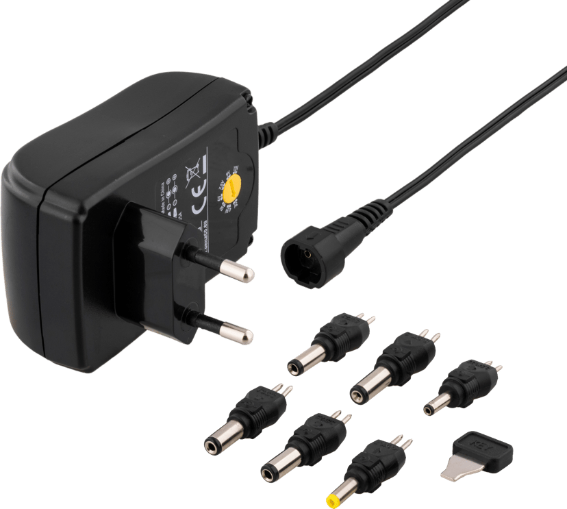 Deltaco Nätadapter 110-240V till 3-12V DC, 1,5A, utbytbara kontakter, USB, svart Svart