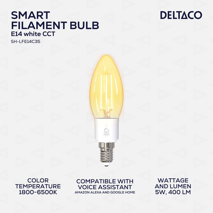 Deltaco SMART H LED filament lamp E14 WiFI 2.4GHz 4.5W 400lm Dim