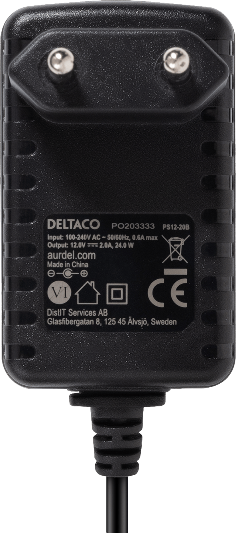 Deltaco Strømforsyning 12V DC/2A, sort 1.5m 24W Sort