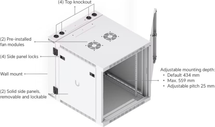 Ubiquiti 19" Rack Cabinet 12 U 70 cm Med Glasdør Og Svingbar Bagdør