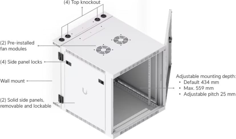 Ubiquiti 19" Rack Cabinet 12 U 70 cm Med Perforeret Frontdør Og Svingbar Bagdør