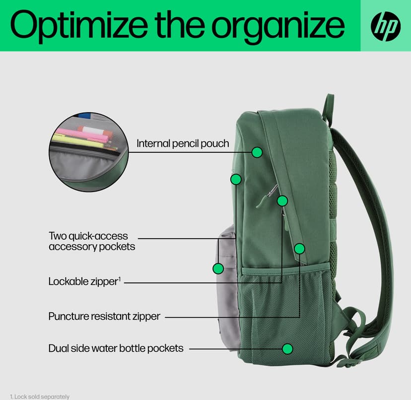 HP Campus ryggsekk, grønn 15.6" 15.6" Polyester, Skumplast Grå, Grønn Grå, Grønn