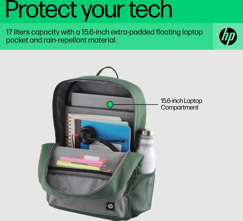HP Campus Backpack, groen 15.6" 15.6" Polyester, Polyfoam Grijs, Groen Grijs, Groen