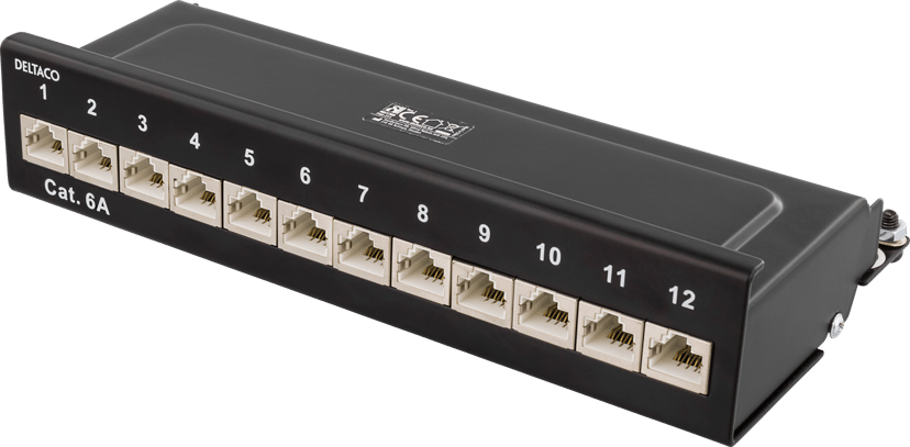 Deltaco Patch Panel, 12 porter, CAT6a, svart Svart Cat 6A
