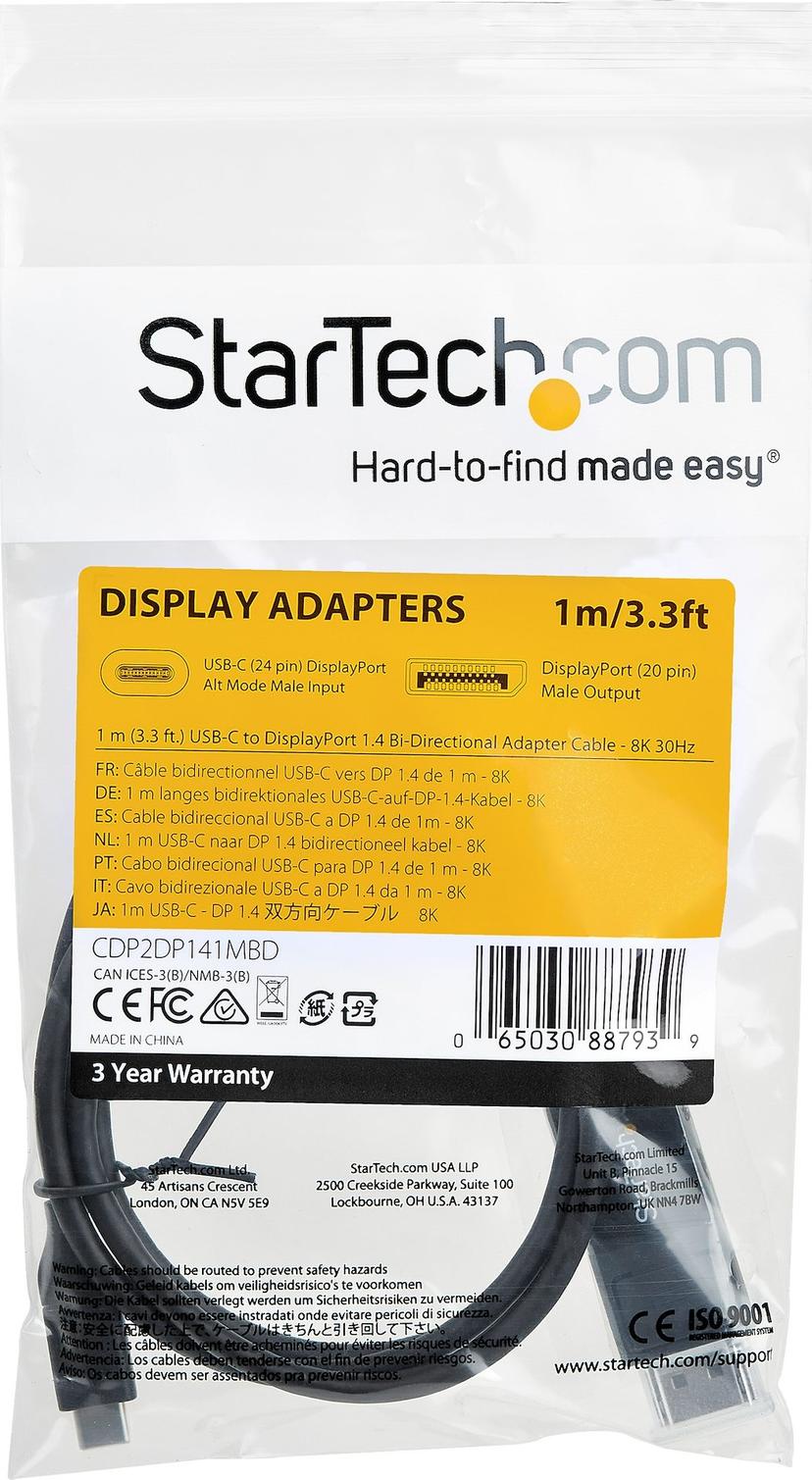 Startech USB-C cabel 8K 60Hz/4K 1m USB-C DisplayPort Musta