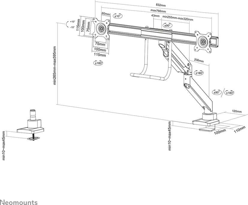Neomounts NM-D775DX 32" Desk Mount Svart