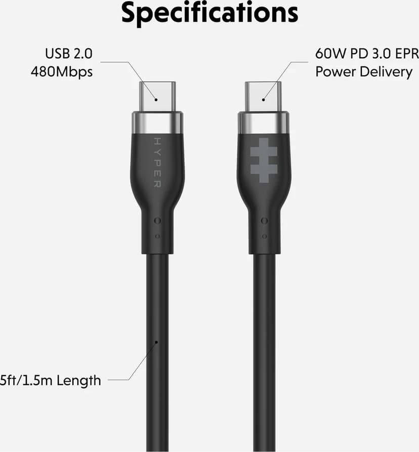 Targus HyperJuice 60W Silicone Cable 1.5m USB-C USB-C Svart