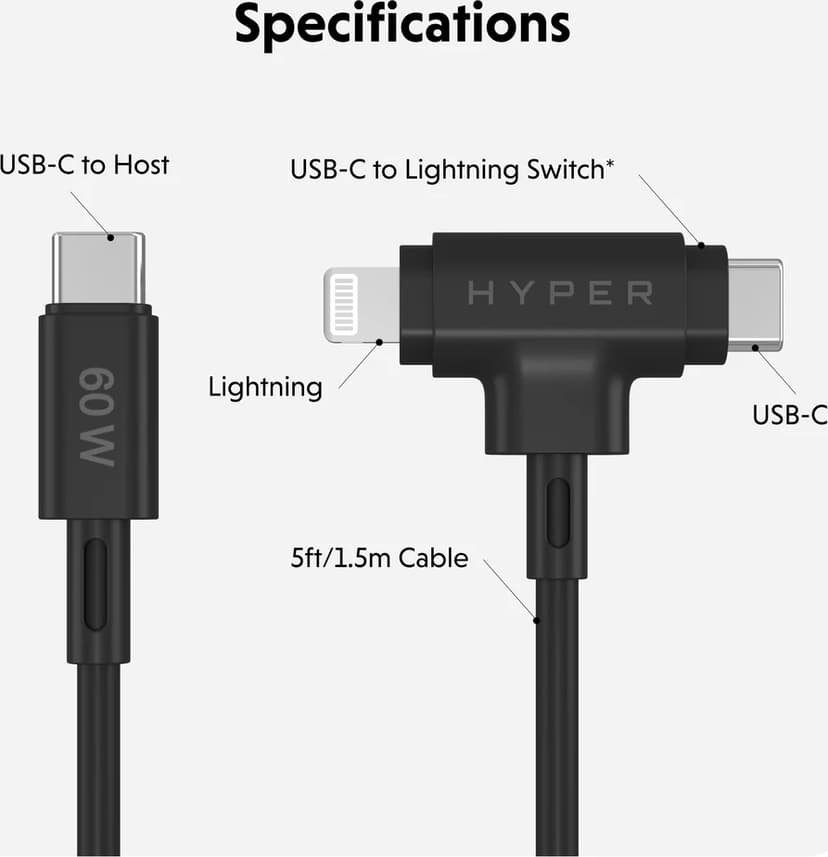 Targus HyperJuice Hybrid Silicone Cable 1.5m USB-C USB-C, Lightning Svart