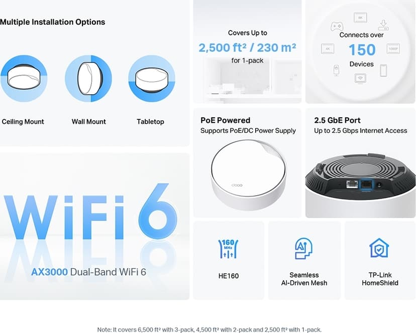 TP-Link Deco X50 PoE WiFi 6 Mesh System 3-Pack - (Löytötuote luokka 2)