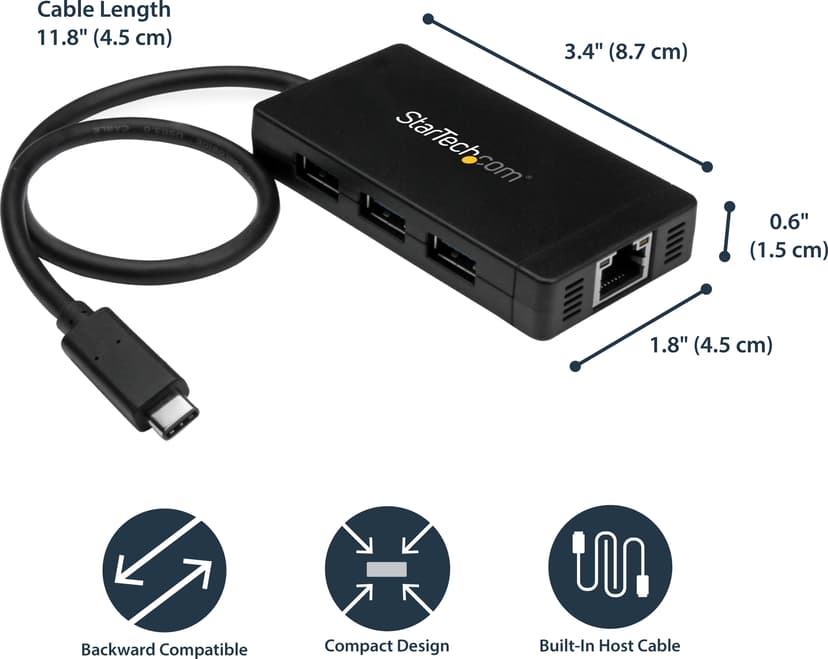 Startech 3 Port USB 3.0 Hub with USB-C and GbE