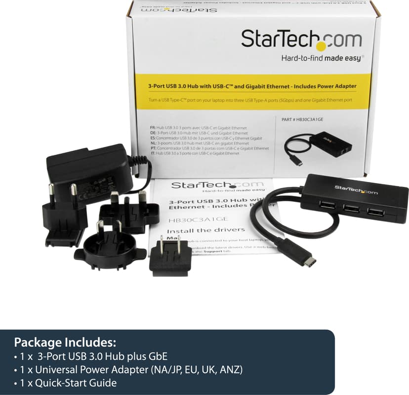 Startech 3 Port USB 3.0 Hub with USB-C and GbE