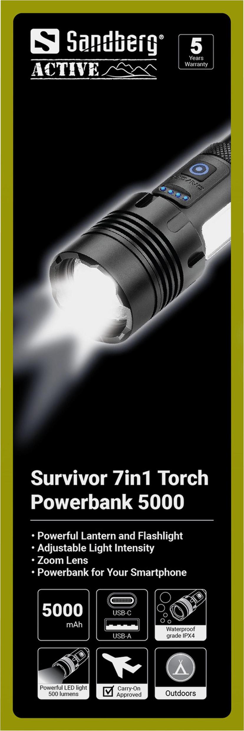 Sandberg Survivor 7-in-1 Zaklamp met Powerbank van 5000mAh