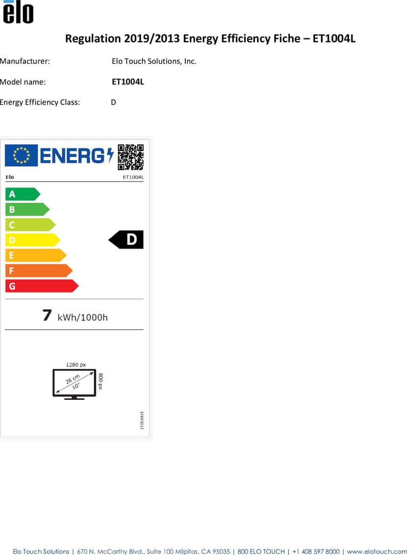 Elo Touch Solutions 1004L Digitaalinen litteä infotaulu 25,6 cm (10.1") LED 360 cd/m² WXGA musta Kosketusnäyttö 10.1" TFT-LCD 360cd/m² 1280 × 800pixels