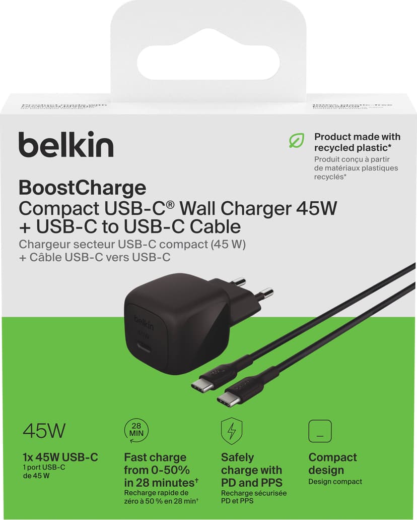 Belkin 45W USB PD Compact Wall Charger + USB-C Cable 1m Svart