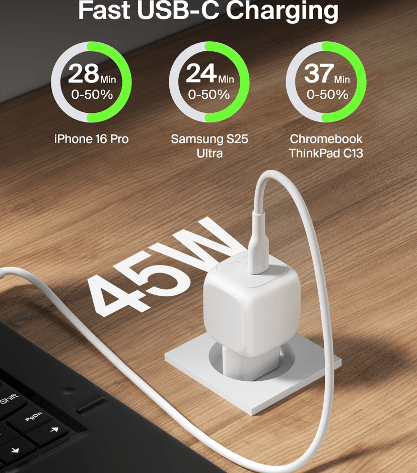 Belkin 45W USB PD Compact Wall Charger + USB-C Cable 1m Hvit