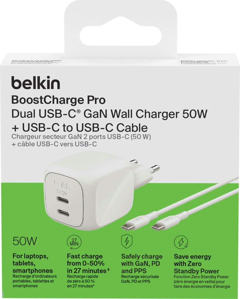 Belkin Dual USB-C GaN Wall Charger 50W + USB-C Cable 1m Vit