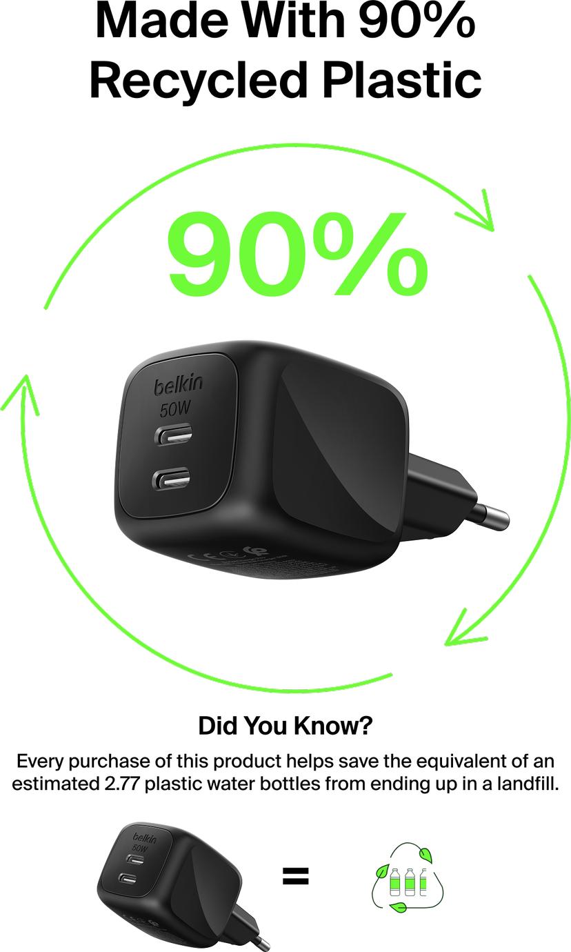 Belkin Dual USB-C GaN Wall Charger 50W Svart