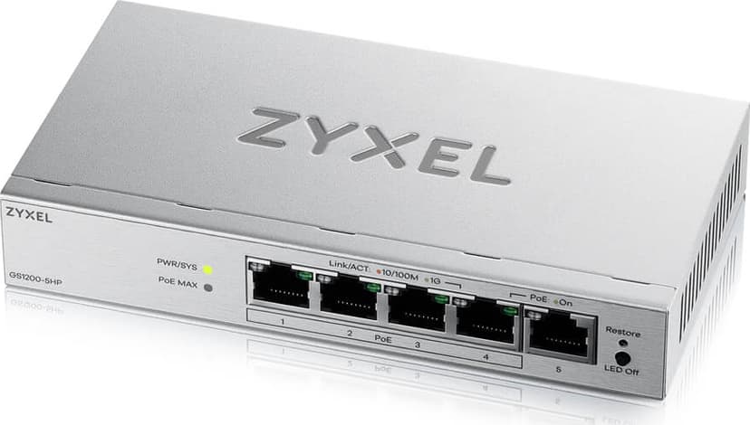 Zyxel GS1200-5HPV3 hanterad L2 Gigabit Ethernet (10/100/1000) Strömförsörjning via Ethernet (PoE) stöd Skrivbord Grå