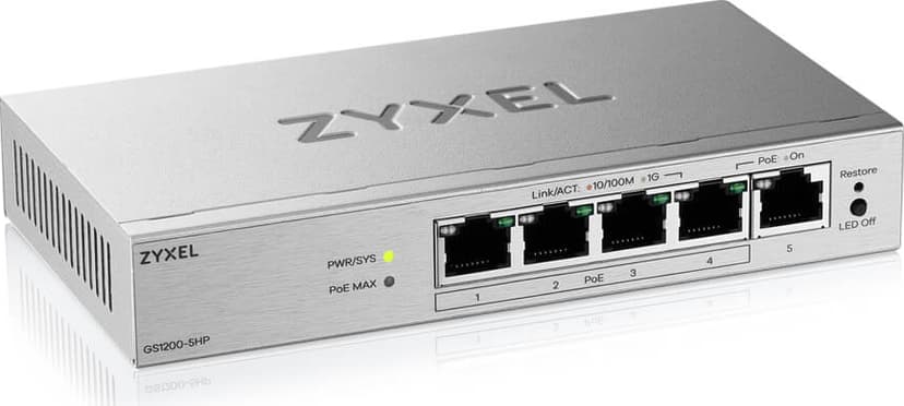 Zyxel GS1200-5HPV3 hanterad L2 Gigabit Ethernet (10/100/1000) Strömförsörjning via Ethernet (PoE) stöd Skrivbord Grå