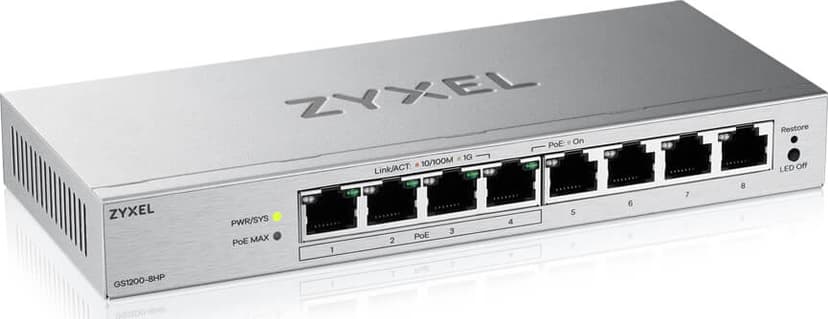 Zyxel GS1200-8HPV3 hanterad L2 Gigabit Ethernet (10/100/1000) Strömförsörjning via Ethernet (PoE) stöd Skrivbord Grå