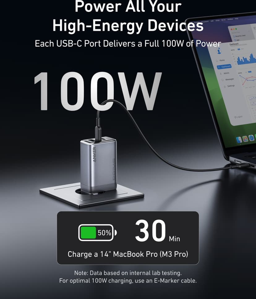 Anker Prime Charger 100W 3 Ports GaN 0m Svart